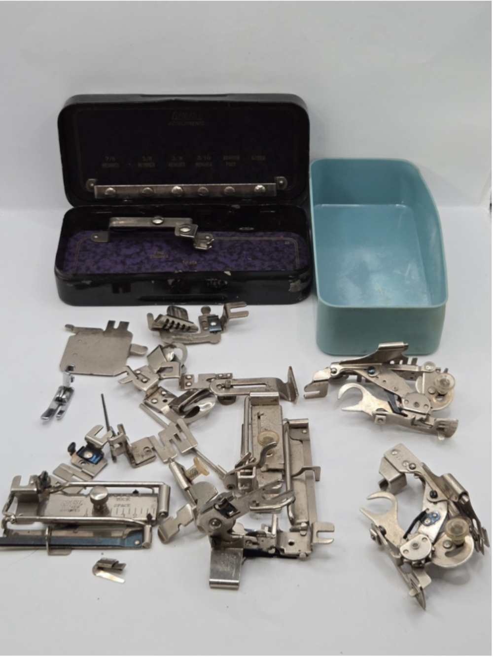 Vintage Greist Sewing Machine Parts And Attachments With Box